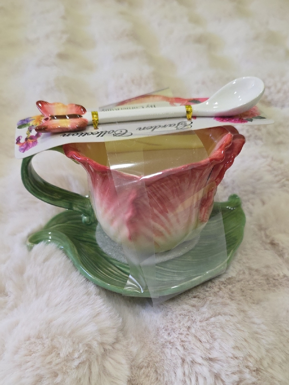 Floral Ceramic Tea Cup & Saucer Set with Spoon - Pink & Green